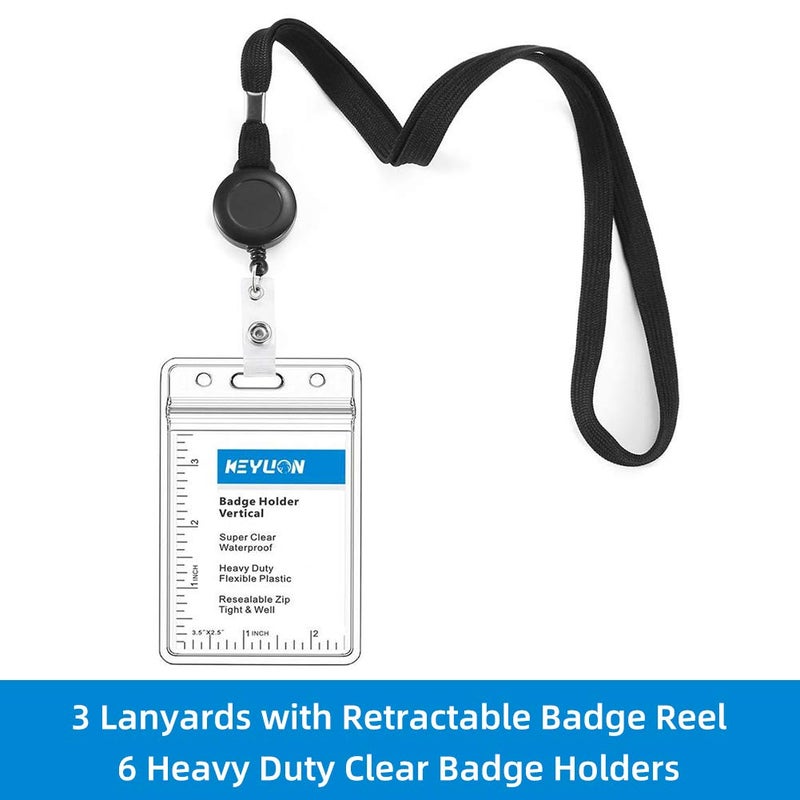KEYLION Cruise Flat Lanyard with Retractable Badge Reel & Heavy Duty Clear Vertical ID Card Name Badge Holder (Black,3 Pack) - Image 2